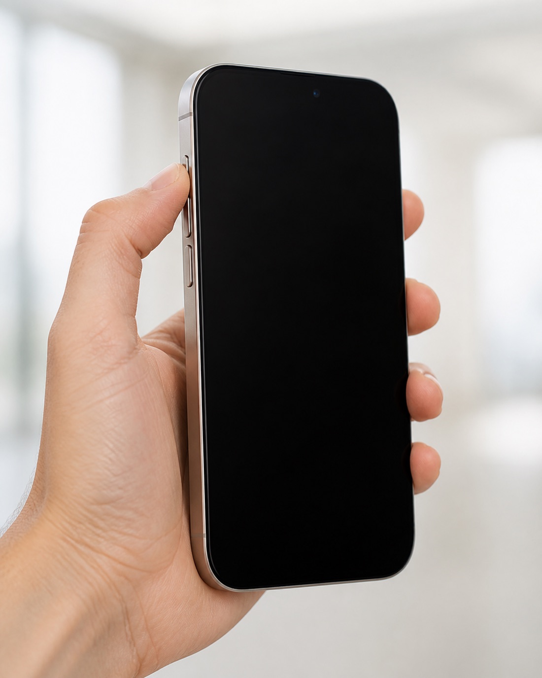 iPhoneを手に持ち、左側面の一番上にあるアクションボタンを親指で長押しして録音を始めるところ